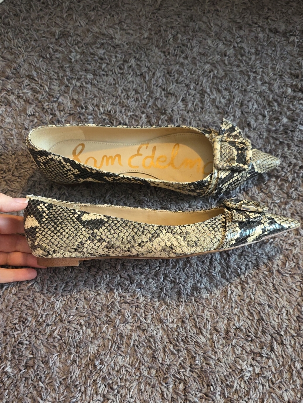 Sam Edelman Beige and Black Snake-Print Pointed Toe Loafers